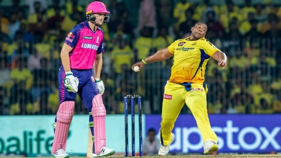 Sisanda Magala of Chennai Super Kings bowls during the Indian Premier League (IPL) cricket match between Chennai Super Kings and Rajasthan Royals in Chennai, India, Wednesday, April 12, 2023. (AP Photo/ R. Parthibhan) (AP)