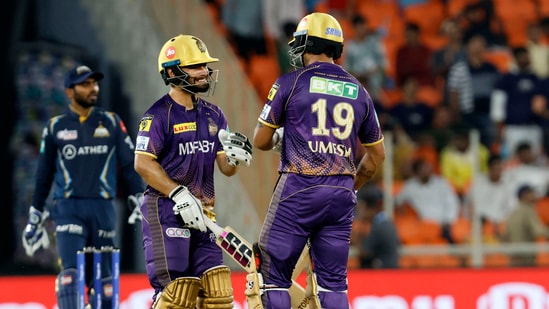 Ahmedabad: Kolkata Knight Riders batters Rinku Singh and Umesh Yadav during the IPL 2023 cricket match between Gujarat Titans and Kolkata Knight Riders, at Narendra Modi Stadium in Ahmedabad, Sunday, April 9, 2023. (PTI Photo)(PTI04_09_2023_000322B) (PTI)