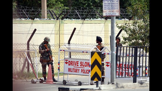 Soldiers checking vehicles near the Cantonment after the firing incident in Bathinda on April 12. (Sanjeev Kumar/HT)