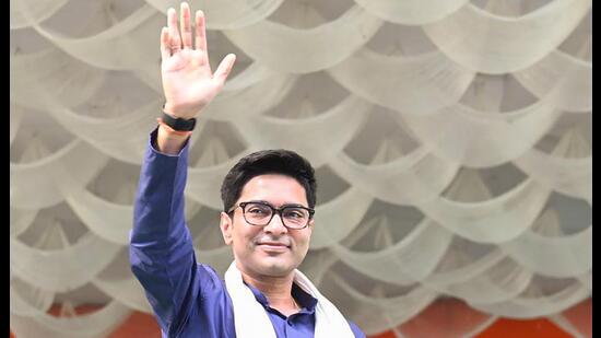 TMC general secretary Abhishek Banerjee waves at supporters during a public meeting in Alipurduar. (PTI)
