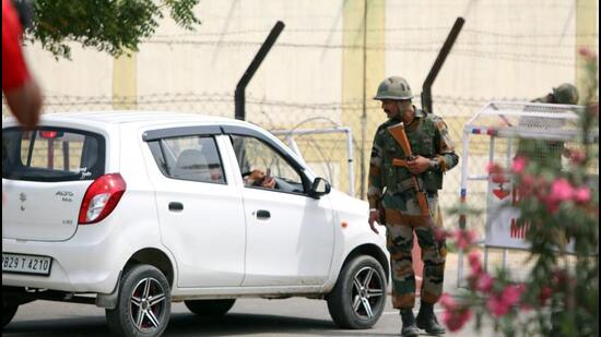 Vigil was increased at the Bathinda military station after Wednesday’s murder of four soldiers in the high-security zone. (Sanjeev Kumar/HT)