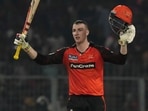 Sunrisers Hyderabad's Harry Brook celebrates his century during the Indian Premier League cricket match between Kolkata Knight Riders and Sunrisers Hyderabad in Kolkata, India, Friday, April 14, 2023. (AP Photo/Bikas Das)