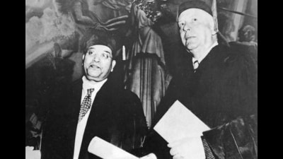 Ambedkar and the American poet Wallace Stevens at Columbia University after receiving their Doctor of Law(LLD) degrees on 5 June 1952. The citation said Ambedkar was a ‘valiant upholder of human rights’. (Courtesy A Part Apart by Ashok Gopal) Ambedkar and the American poet Wallace Stevens at Columbia University after receiving their Doctor of Law(LLD) degrees on 5 June 1952. The citation said Ambedkar was a ‘valiant upholder of human rights’. (Courtesy A Part Apart by Ashok Gopal)
