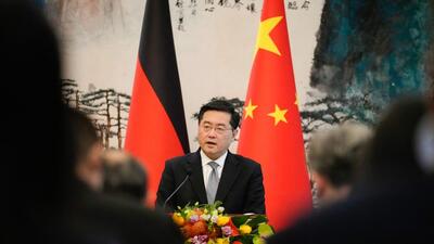 Chinese Foreign Minister Qin Gang attends a joint press conference with Germany's Foreign Minister Annalena Baerbock at the Diaoyutai State Guesthouse in Beijing. (AFP)