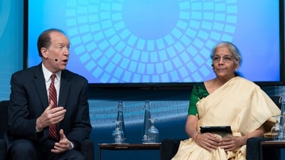 Finance Minister Nirmala Sitharaman accompanied by World Bank President David Malpass, left, speaks at the forum Empowering Women as Entrepreneurs and Leaders during the World Bank/IMF Spring Meetings at the International Monetary Fund (IMF) headquarters in Washington, Thursday. (AP) Finance Minister Nirmala Sitharaman accompanied by World Bank President David Malpass, left, speaks at the forum Empowering Women as Entrepreneurs and Leaders during the World Bank/IMF Spring Meetings at the International Monetary Fund (IMF) headquarters in Washington, Thursday. (AP)