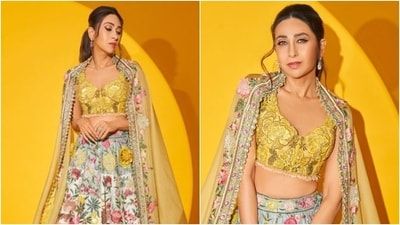 Karisma Kapoor's showstopper look for Varun Bahl in couture floral lehenga. (Instagram) Karisma Kapoor's showstopper look for Varun Bahl in couture floral lehenga. (Instagram)