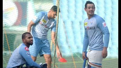 LSG players Nicholas Pooran and Quinton de Kock during a practise session at PSABV Ekana Stadium in Lucknow. (Deepak Gupta/HT)
