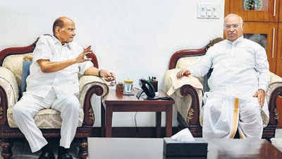 NCP chief Sharad Pawar with Congress president Mallikarjun Kharge in Delhi on Thursday. Last week, Pawar in Nashik said that the party would field candidates for six-seven seats in the bordering areas as they wanted to ensure unity among Marathi-speaking people. (PTI) NCP chief Sharad Pawar with Congress president Mallikarjun Kharge in Delhi on Thursday. Last week, Pawar in Nashik said that the party would field candidates for six-seven seats in the bordering areas as they wanted to ensure unity among Marathi-speaking people. (PTI)