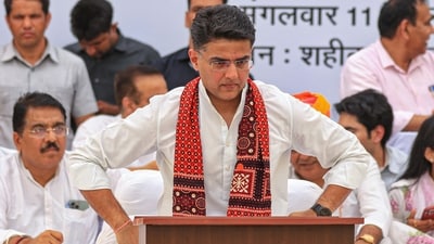 Congress leader Sachin Pilot sits on a hunger strike against the alleged corruption during previous BJP government in Rajasthan, at Shaheed Smarak in Jaipur, on Tuesday, (PTI)