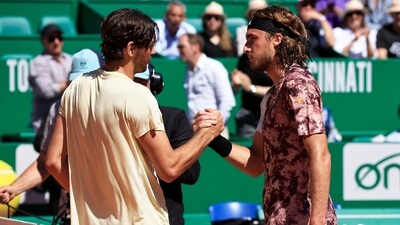 USA's Taylor Fritz (L) shakes hands with Greece's Stefanos Tsitsipas after winning the Monte-Carlo ATP Masters Series tournament quarter final tennis match. (AFP) USA's Taylor Fritz (L) shakes hands with Greece's Stefanos Tsitsipas after winning the Monte-Carlo ATP Masters Series tournament quarter final tennis match. (AFP)