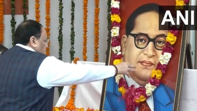 BJP President JP Nadda too joined the other leaders in paying tribute to Dr. Ambedkar at the BJP headquarters on Friday. (ANI) BJP President JP Nadda too joined the other leaders in paying tribute to Dr. Ambedkar at the BJP headquarters on Friday. (ANI)