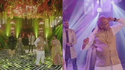 The image shows bride's parents dancing to Aati Kya Khandala. (Instagram/@happyfeetforu) The image shows bride's parents dancing to Aati Kya Khandala. (Instagram/@happyfeetforu)