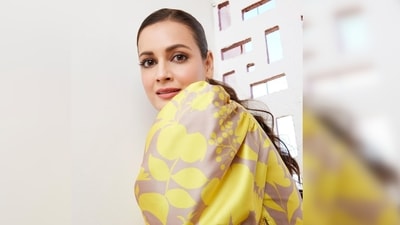 Dia Mirza's dress features dramatic puffed sleeves and a matching waist belt. It is from the shelves of the label Pankaj & Nidhi. (Instagram/@diamirzaofficial) Dia Mirza's dress features dramatic puffed sleeves and a matching waist belt. It is from the shelves of the label Pankaj & Nidhi. (Instagram/@diamirzaofficial)