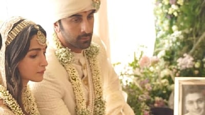 Alia Bhatt and Ranbir Kapoor as bride and groom during their wedding. Alia Bhatt and Ranbir Kapoor as bride and groom during their wedding.