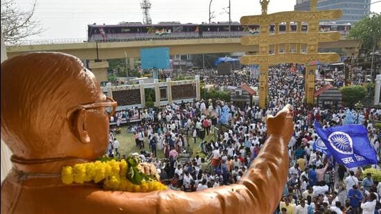 People gather to celebrate 132nd birth anniversary of Dr Babasaheb Ambedkar at Pimpri on Friday. (HT PHOTO)