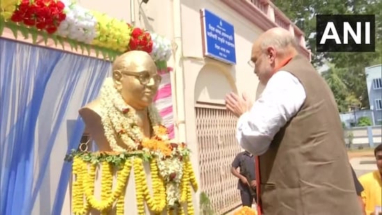 Union Home Minister Amit Shah paid his tribute to Dr Ambedkar on his jayanti. LoP Suvendu Adhikari and state BJP chief Sukanta Majumdar were also present on the occassion.(ANI)