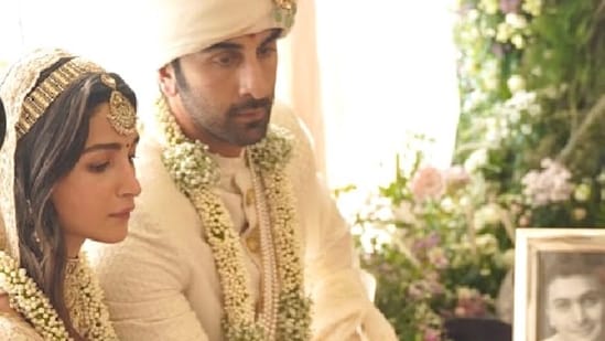 Alia Bhatt and Ranbir Kapoor as bride and groom during their wedding.