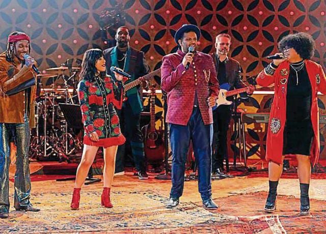 The final four contestants (from left) Chuck Adams, Ale Aguirre, Dhruv Visvanath and Micaela Kleinsmith performing on My Kind of Country. (Apple TV+) The final four contestants (from left) Chuck Adams, Ale Aguirre, Dhruv Visvanath and Micaela Kleinsmith performing on My Kind of Country. (Apple TV+)