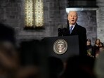 Joe Biden: US President Joe Biden speaking to a large crowd outside St. Muredach's Cathedral in Ballina, Ireland. Joe Biden: US President Joe Biden speaking to a large crowd outside St. Muredach's Cathedral in Ballina, Ireland.