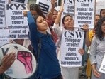 Krantikari Yuva Sangathan (KYS) students participated in a protest at Indraprastha College for Women (IPCW) in New Delhi on Wednesday. (HT Photo) Krantikari Yuva Sangathan (KYS) students participated in a protest at Indraprastha College for Women (IPCW) in New Delhi on Wednesday. (HT Photo)
