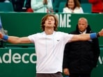Russia's Andrey Rublev reacts after winning his semi-final match against Taylor Fritz of the U.S. 