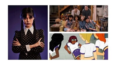 (Clockwise from left) Where Wednesday is an evocative take on a classic, That ’90s Show is a lethargic attempt to invoke the popular original. The new Velma is full of problematic jokes. (Clockwise from left) Where Wednesday is an evocative take on a classic, That ’90s Show is a lethargic attempt to invoke the popular original. The new Velma is full of problematic jokes.