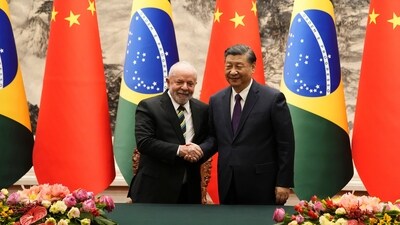 Brazilian President Luiz Inacio Lula da Silva, left, shakes hands with Chinese President Xi Jinping after a signing ceremony in Beijing. (AP) Brazilian President Luiz Inacio Lula da Silva, left, shakes hands with Chinese President Xi Jinping after a signing ceremony in Beijing. (AP)