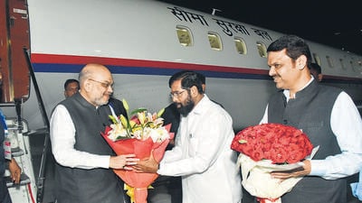 After his arrival at Mumbai Airport around 8 pm on Saturday, Shah went to senior party leader Vinod Tawde’s residence at Vile Parle to pay homage to his mother, Vijaya, who passed away early this week. From there he headed to the Sahyadri guesthouse and held meetings with party leaders till late on Saturday. (HT Photo) After his arrival at Mumbai Airport around 8 pm on Saturday, Shah went to senior party leader Vinod Tawde’s residence at Vile Parle to pay homage to his mother, Vijaya, who passed away early this week. From there he headed to the Sahyadri guesthouse and held meetings with party leaders till late on Saturday. (HT Photo)