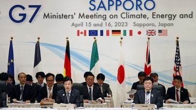 Japan's Environment Minister Akihiro Nishimura and other delegates attend the opening session of G7 Ministers Meeting on Climate, Energy and Environment in Sapporo, Japan. (via Reuters)