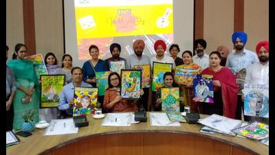 Ludhiana district administration officials displaying the artwork received by students. (HT Photo) Ludhiana district administration officials displaying the artwork received by students. (HT Photo)