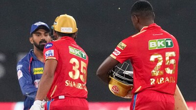 Lucknow: Punjab Kings batters Shahrukh Khan and Kagiso Rabada greet Lucknow Super Giants captain KL Rahul after winning their IPL 2023 cricket match against Lucknow Super Giants, in Lucknow, Saturday, April 15, 2023. Punjab won by 2 wickets. (PTI Photo/Kamal Kishore)(PTI04_15_2023_000365A) (PTI) Lucknow: Punjab Kings batters Shahrukh Khan and Kagiso Rabada greet Lucknow Super Giants captain KL Rahul after winning their IPL 2023 cricket match against Lucknow Super Giants, in Lucknow, Saturday, April 15, 2023. Punjab won by 2 wickets. (PTI Photo/Kamal Kishore)(PTI04_15_2023_000365A) (PTI)