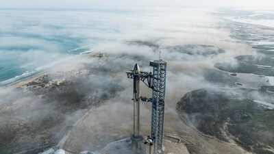 SpaceX Starship's full stack is seen on its launchpad near Brownsville, Texas, US. (via Reuters)