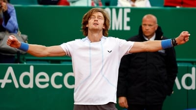 Russia's Andrey Rublev reacts after winning his semi-final match against Taylor Fritz of the U.S. (REUTERS)