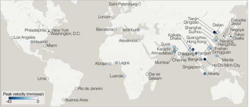 Populous cities experiencing the highest rates of local land subsidence are concentrated in Asia. Populous cities experiencing the highest rates of local land subsidence are concentrated in Asia.