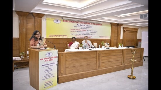 Justice Sunita Agarwal addressing a mediation workshop for family court judges in Prayagraj on Saturday. (Sourced)