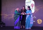 Veteran singer Usha Uthup receives the HT Health Shots She Slays Legend honour from Union Minister of State for Commerce and Industry Anupriya Patel and Hindustan Zinc Chairperson Priya Agarwal Hebbar. 
