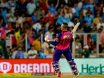 Shimron Hetmyer celebrates after winning the IPL 2023 match against Gujarat Titans