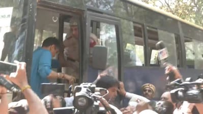 AAP leaders including Punjab Chief Minister Bhagwant Mann, Raghav Chadha, Atishi, Sanjay Singh, Saurabh Bharadwaj were among the leaders protesting outside the CBI office. (ANI/Twitter)