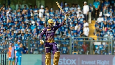 Kolkata Knight Riders' Venkatesh Iyer celebrates his century. (IndianPremierLeague twitter) Kolkata Knight Riders' Venkatesh Iyer celebrates his century. (IndianPremierLeague twitter)