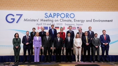 G-7 ministers on climate, energy and environment pose for a photo during its photo session in Sapporo, northern Japan, Saturday, April 15, 2023. (AP)