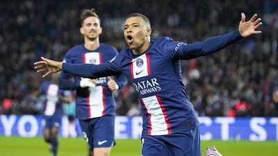PSG's Kylian Mbappe celebrates scoring his side's opening goal during the French League One soccer match between Paris Saint Germain and Lens at Parc des Princes stadium in Paris, France, Saturday, April 15, 2023. (AP Photo/Michel Euler) (AP) PSG's Kylian Mbappe celebrates scoring his side's opening goal during the French League One soccer match between Paris Saint Germain and Lens at Parc des Princes stadium in Paris, France, Saturday, April 15, 2023. (AP Photo/Michel Euler) (AP)