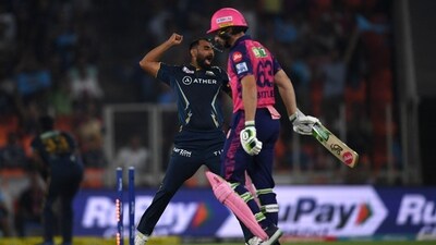 Mohammed Shami and Hardik Pandya were all over the RR top order in the powerplay and they were languishing at 4/2 after a whopping three overs. (AFP) Mohammed Shami and Hardik Pandya were all over the RR top order in the powerplay and they were languishing at 4/2 after a whopping three overs. (AFP)