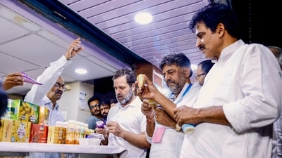 Amid row over the entry of Amul in the state, Congress leader Rahul Gandhi, state party chief DK Shivakumar and general secretary KC Venugopal visited Nandani milk store.