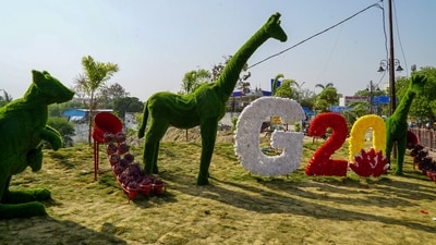 Beautification work being done as part of preparations for upcoming meetings related to G20 Summit in Varanasi. (PTI) Beautification work being done as part of preparations for upcoming meetings related to G20 Summit in Varanasi. (PTI)