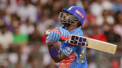 Mumbai: Mumbai Indians batter Suryakumar Yadav plays a shot during the IPL 2023 cricket match between Kolkata Knight Riders and Mumbai Indians at Wankhede Stadium, in Mumbai, Sunday, April 16, 2023. (PTI Photo/Kunal Patil) (PTI04_16_2023_000278A) (PTI) Mumbai: Mumbai Indians batter Suryakumar Yadav plays a shot during the IPL 2023 cricket match between Kolkata Knight Riders and Mumbai Indians at Wankhede Stadium, in Mumbai, Sunday, April 16, 2023. (PTI Photo/Kunal Patil) (PTI04_16_2023_000278A) (PTI)