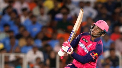 Shimron Hetmyer finished unbeaten on 56 off 26 balls and he and Sanju Samson scored attacking fifties to lead Rajasthan Royals to an incredible comeback win by three wickets over Gujarat Titans, (PTI) Shimron Hetmyer finished unbeaten on 56 off 26 balls and he and Sanju Samson scored attacking fifties to lead Rajasthan Royals to an incredible comeback win by three wickets over Gujarat Titans, (PTI)