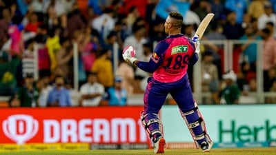 Shimron Hetmyer celebrates after winning the IPL 2023 match against Gujarat Titans (PTI) Shimron Hetmyer celebrates after winning the IPL 2023 match against Gujarat Titans (PTI)