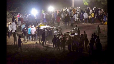 People gather for Atiq Ahmed’s funeral in Prayagraj on Sunday. (PTI) People gather for Atiq Ahmed’s funeral in Prayagraj on Sunday. (PTI)