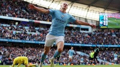Erling Braut Haaland celebrates a goal for Manchester City. (Action Images via Reuters)