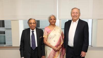 Veteran policymaker NK Singh, finance minister Nirmala Sitharaman and former United States treasury secretary Larry Summers in Washington DC. (HT) Veteran policymaker NK Singh, finance minister Nirmala Sitharaman and former United States treasury secretary Larry Summers in Washington DC. (HT)